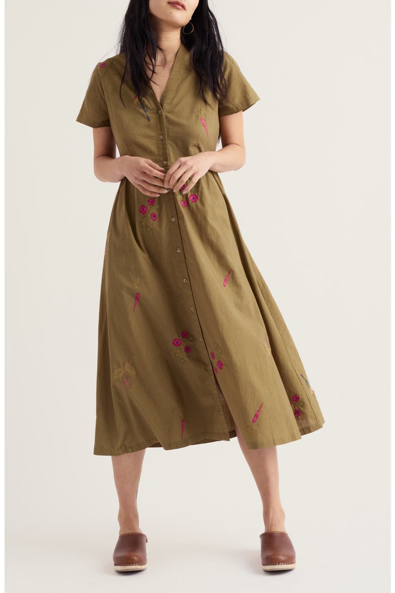 Fowen Embroidered Organic Cotton Midi Dress, Main, color, FLORA EMBROIDERY FERN MOSS