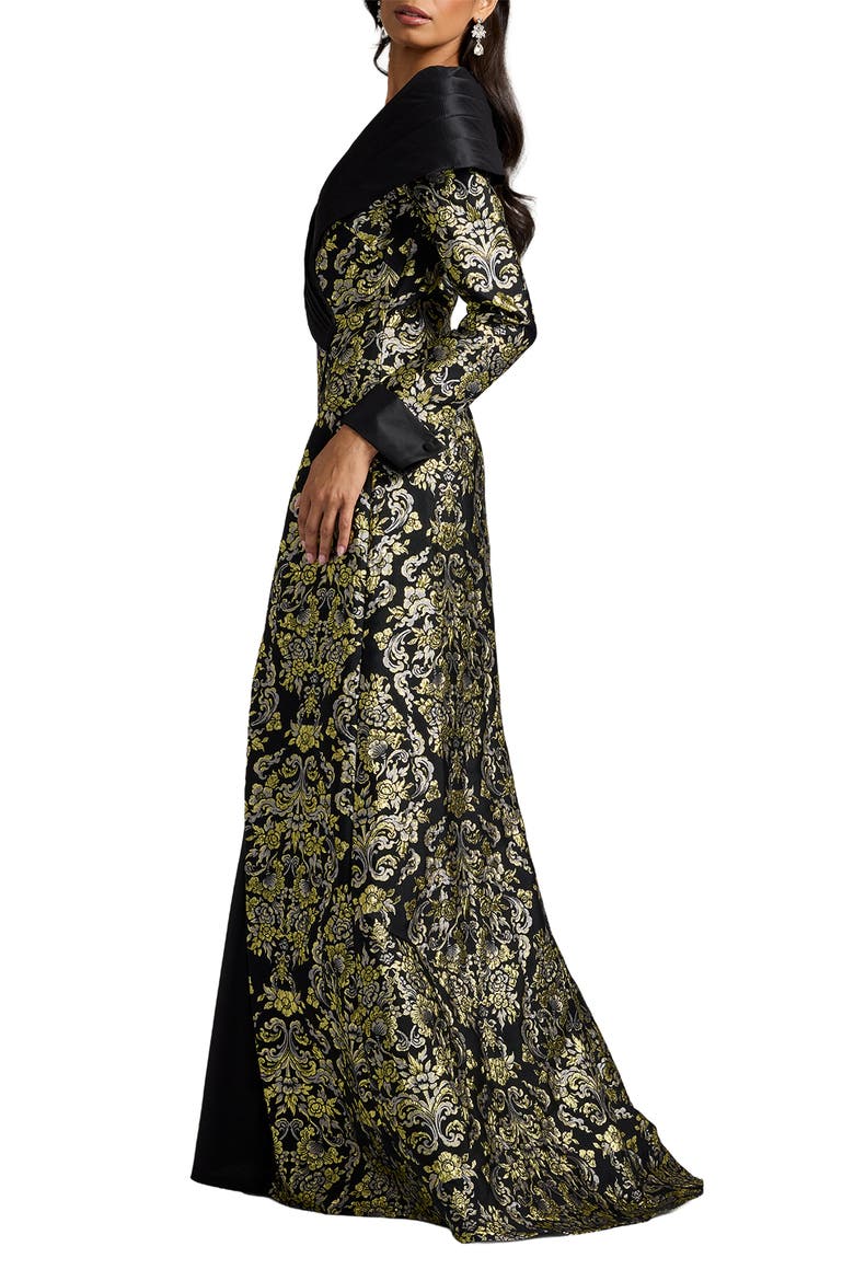 Metallic Floral Jacquard Long Sleeve Mixed Media Gown, Alternate, color, GOLD/ MULTI