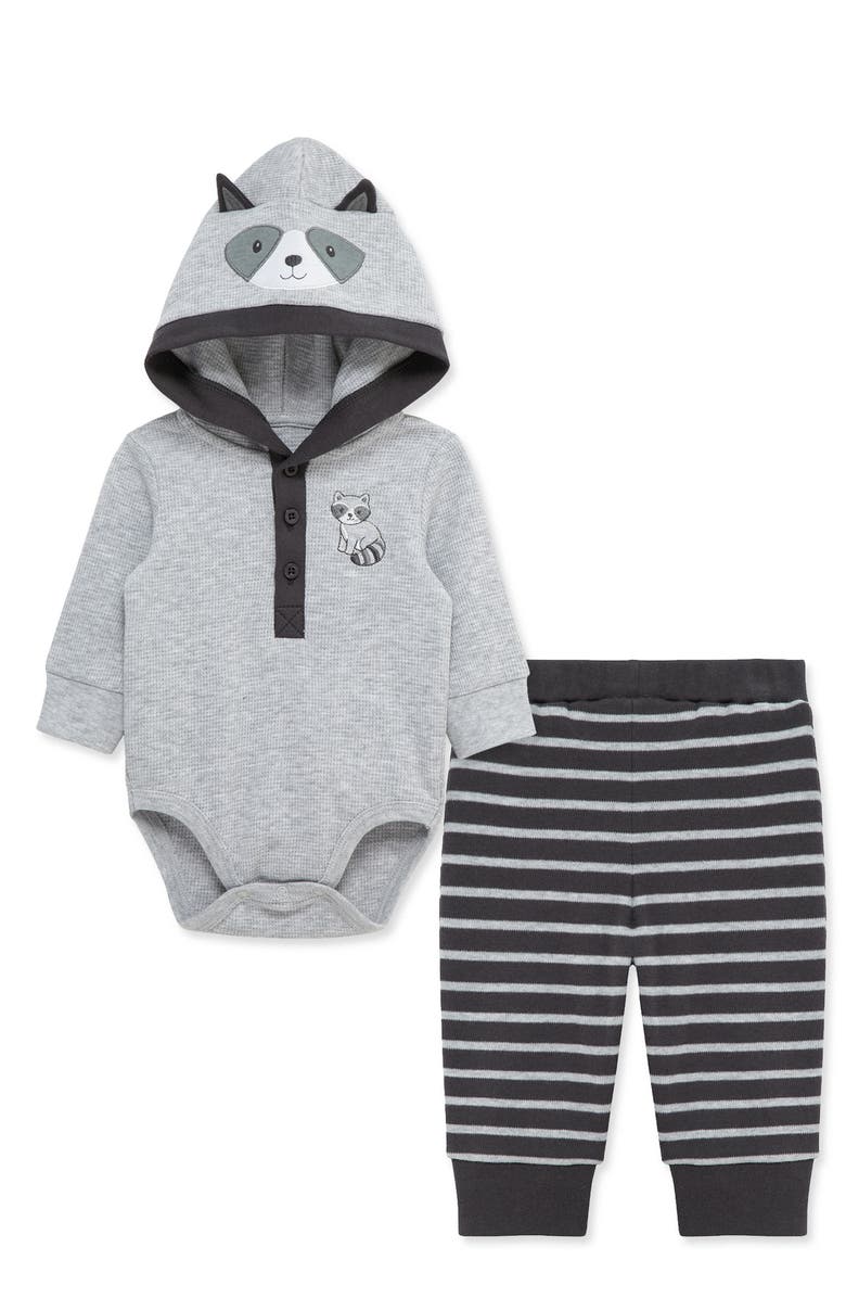 Little Me Raccoon Hooded Cotton Bodysuit & Pants Set, Alternate, color, Grey