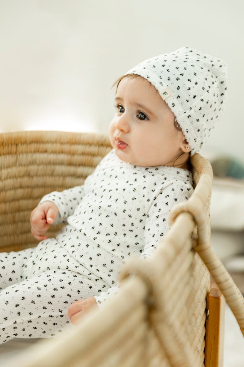 Crinkle Flower Print Romper with Hat Set, Alternate, color, White/Black