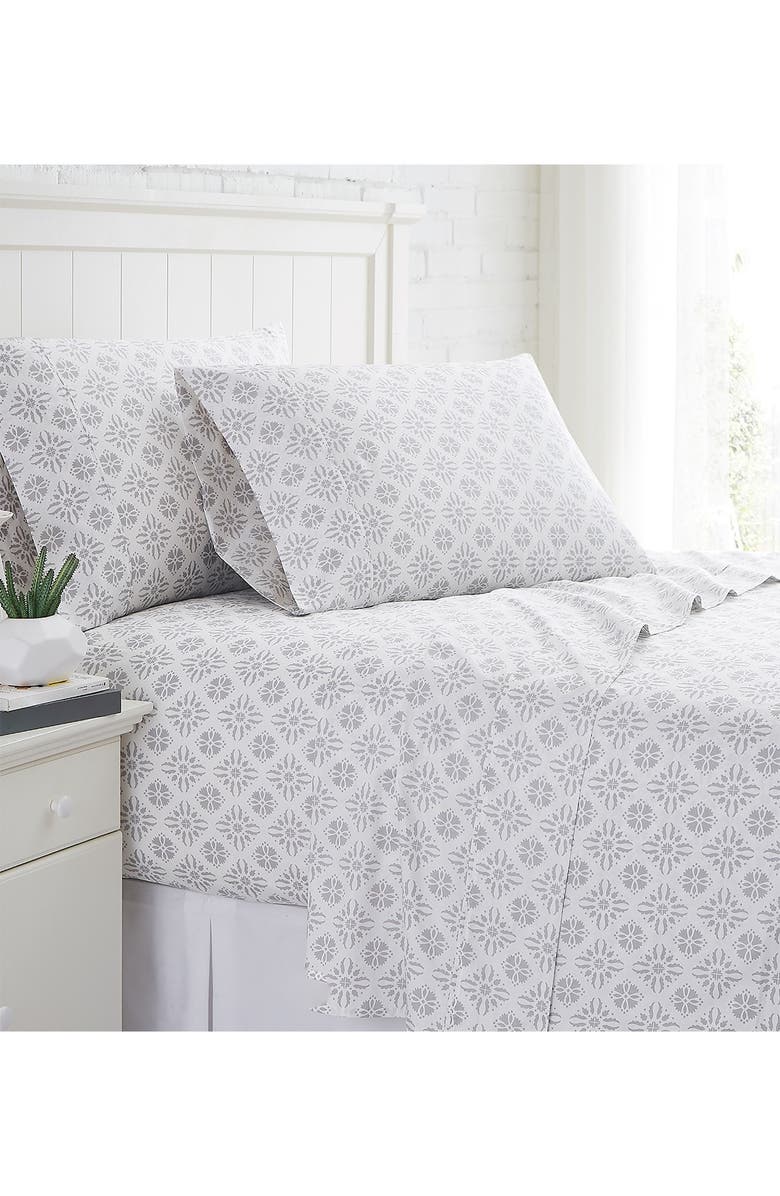 SOUTHSHORE FINE LINENS Geometric Dreams 300 Thread Count Long Staple Sateen Cotton Sheet Set, Main, color, Aztec Dreams Lunar Grey