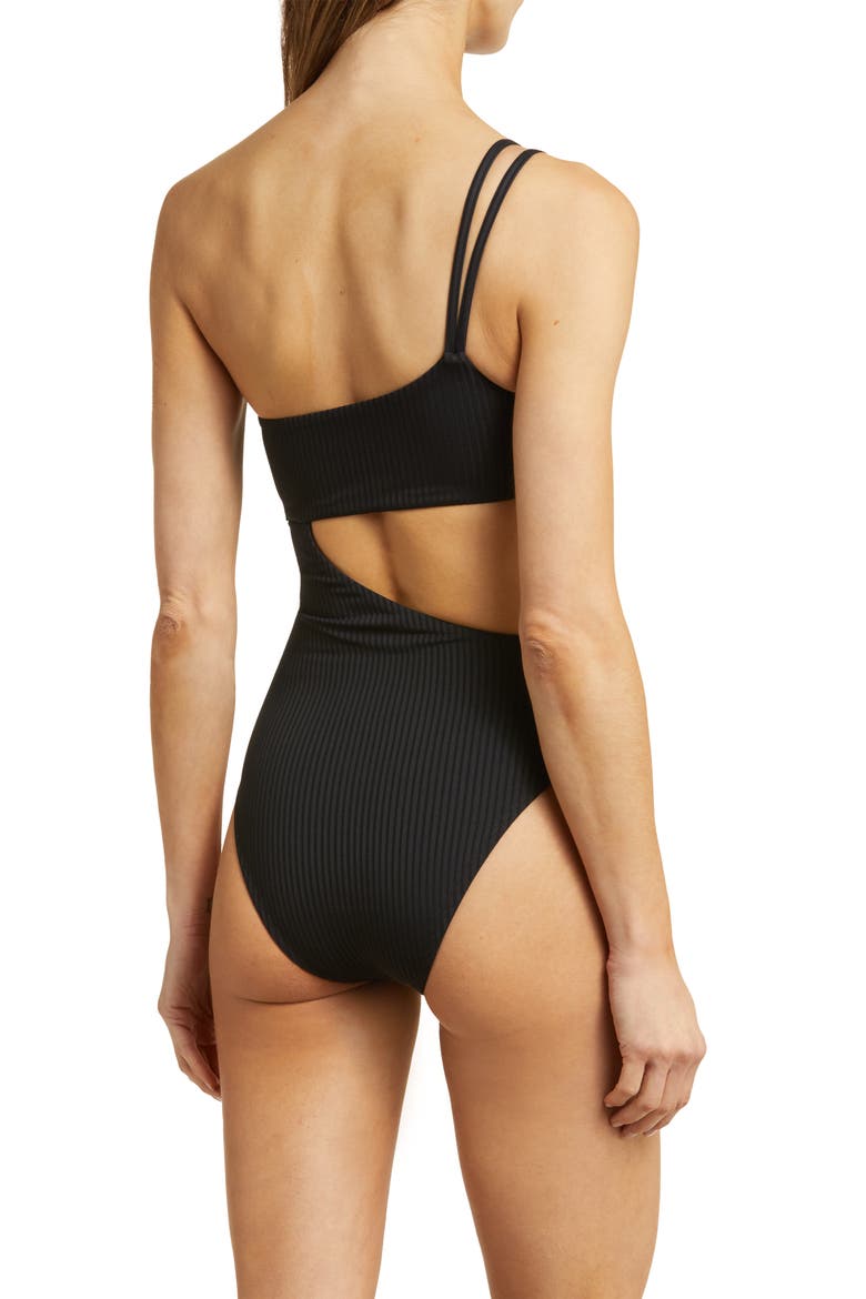 Cosmo Cutout One-Shoulder Rib One-Piece Swimsuit, Alternate, color, BLACK ECORIB