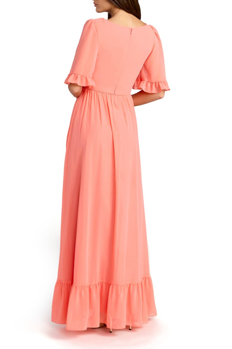 V-Neck Flutter Sleeve Chiffon Faux Wrap Maxi Gown, Alternate, color, Coral