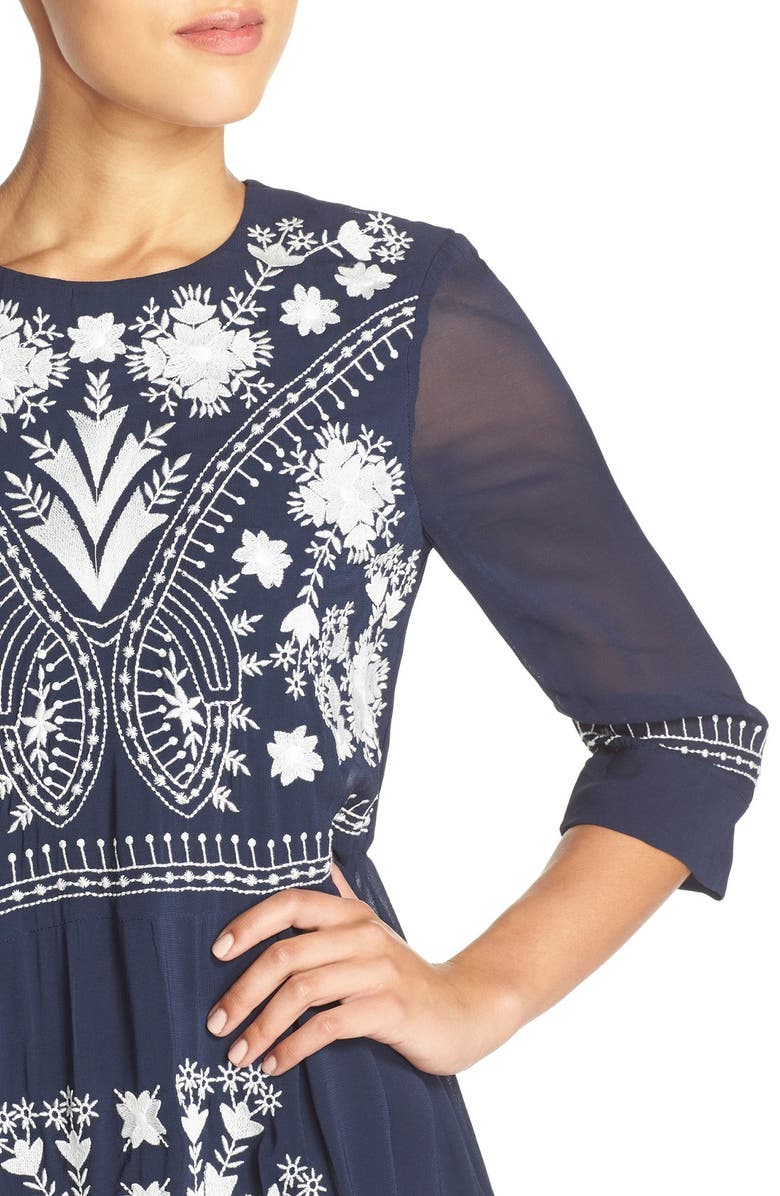 French Connection 'Kiko' Embroidered Crepe Babydoll Dress, Alternate, color, 