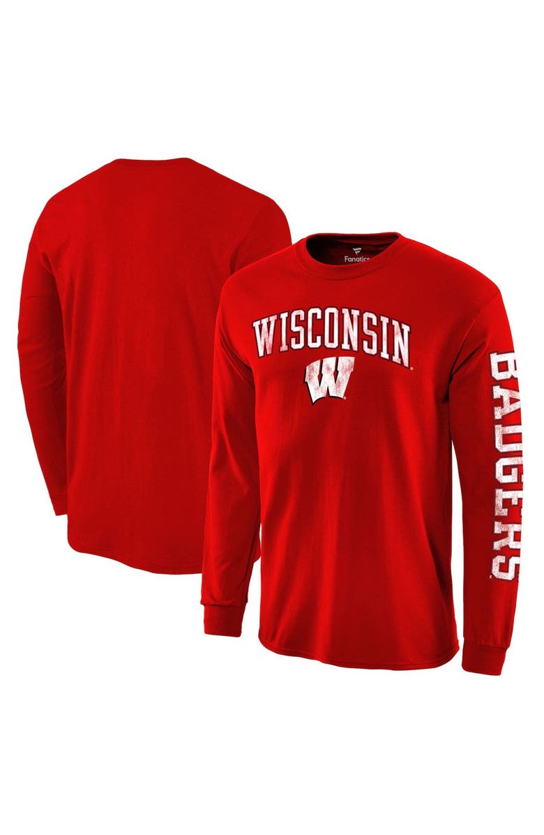 FANATICS Men's Red Wisconsin Badgers Distressed Arch Over Logo Long Sleeve Hit T-Shirt, Main, color,