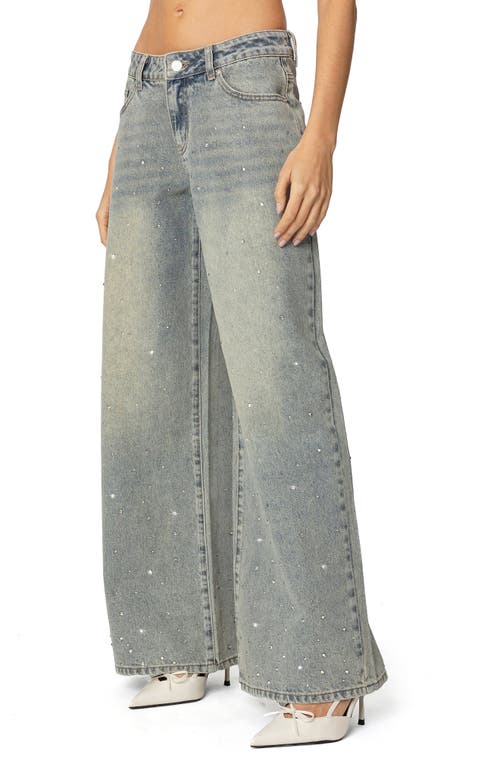 Edikted Low Rise Rhinestone Wide Leg Jeans In Gray