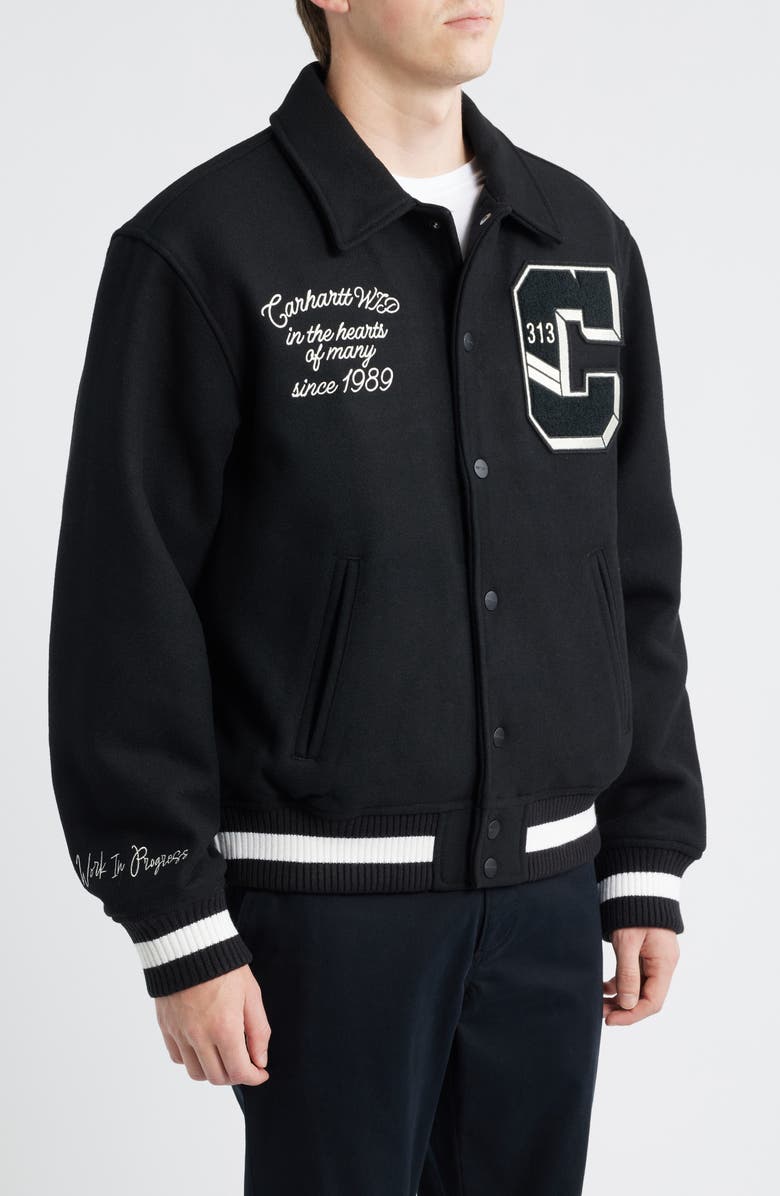 Carhartt Work In Progress World Class Felted Varsity Jacket, Alternate, color, Black