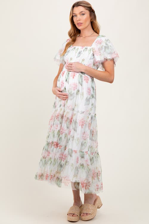 Pinkblush Floral Mesh Smocked Midi Dress In White