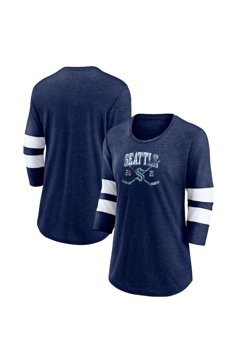 FANATICS Women's Fanatics Branded Heather Deep Sea Blue Seattle Kraken Line Shift Tri-Blend Three-Quarter Sleeve T-Shirt, Main, color, 