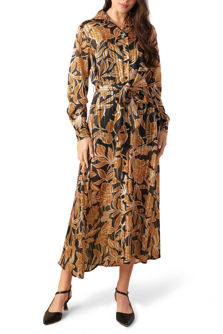 Long Sleeve Midi Shirtdress, Main, color, BLACK