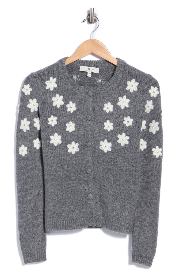 Floral Appliqué Crewneck Cardigan, Main, color, DARK GREY HEATHER W/ IVORY