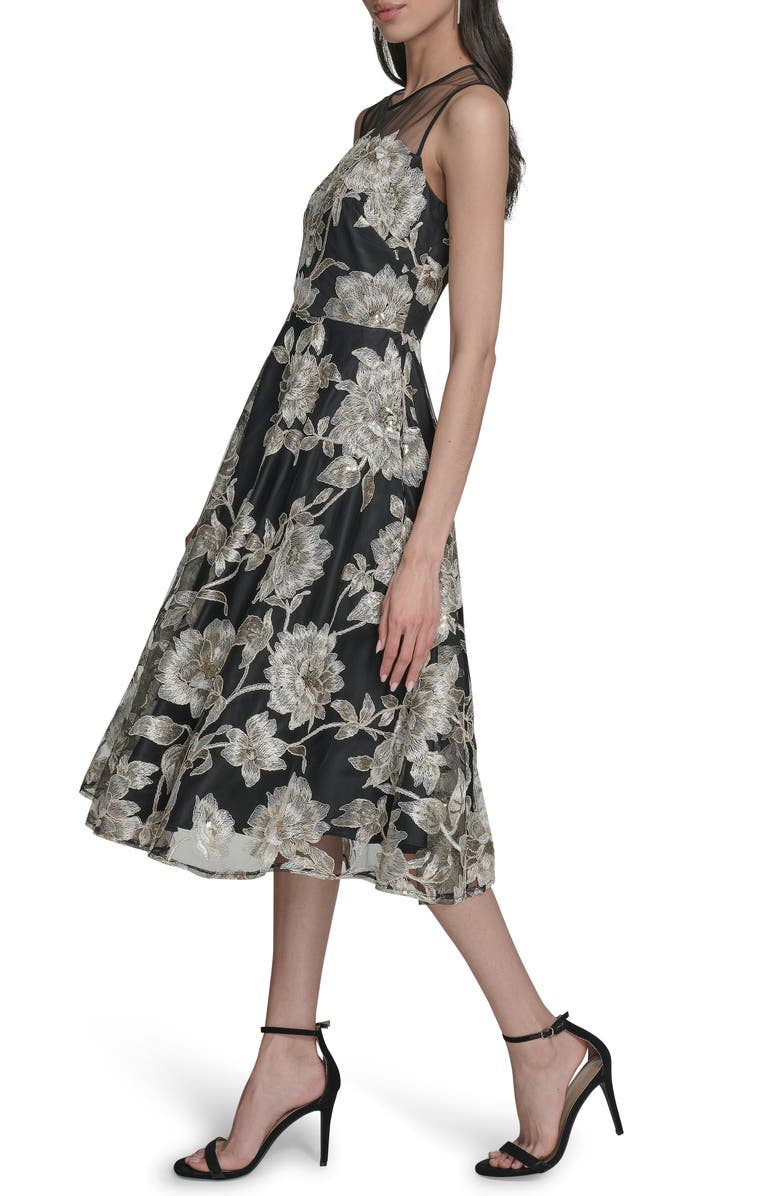 Eliza J Embroidered Floral Cocktail Midi Dress, Alternate, color, Black Champa
