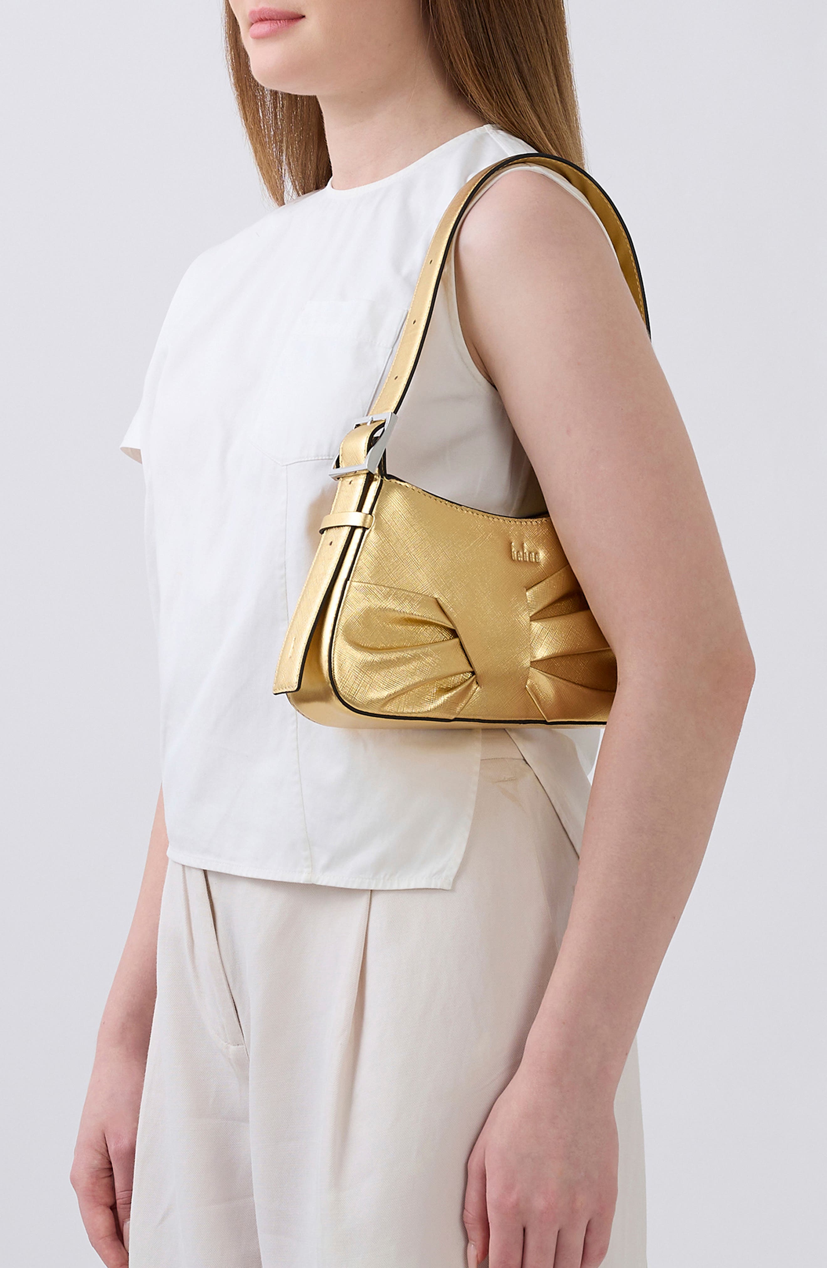 Mini Leena Crosshatched Metallic Leather Shoulder Bag, Alternate, color, GOLD