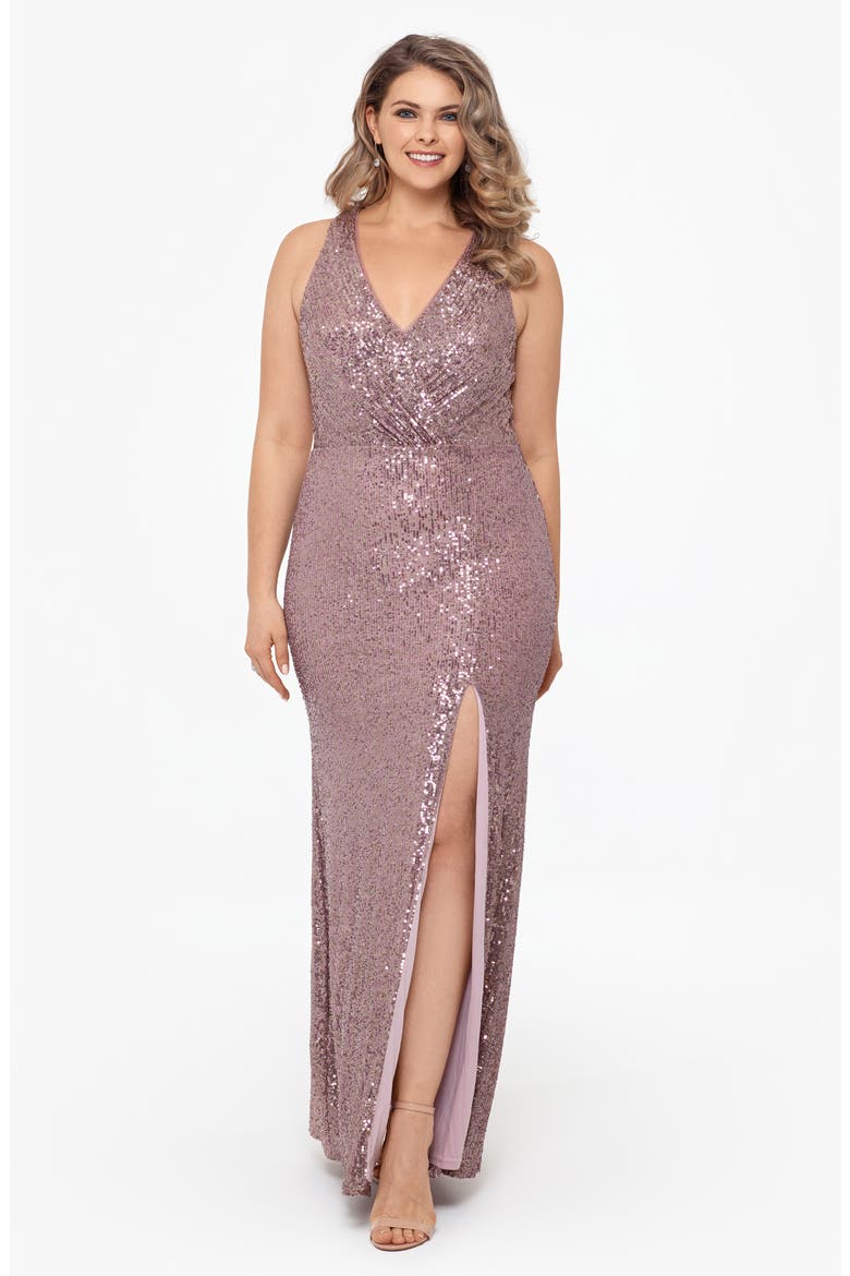 Xscape V-Neck Sleeveless Sparkle Column Gown, Alternate, color, MAUVE