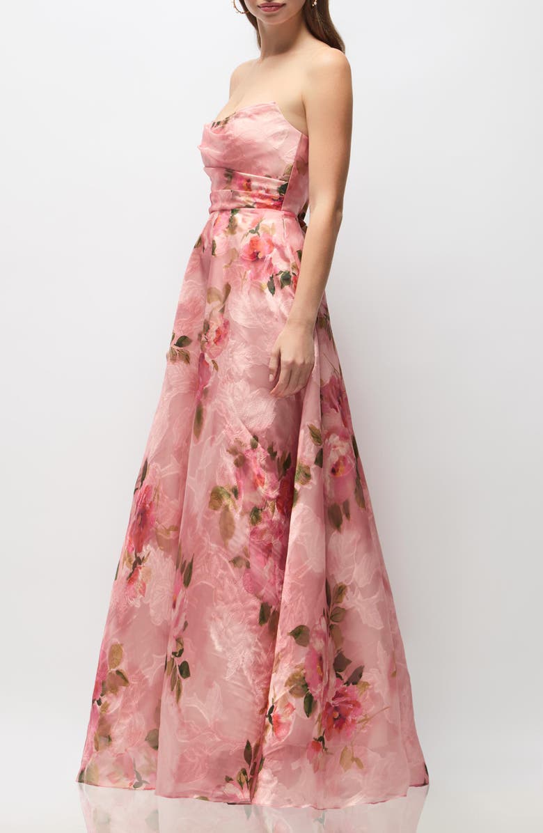 Dessy Collection Alden Floral Jacquard Strapless Organza Gown, Alternate, color, Guava Floral Print