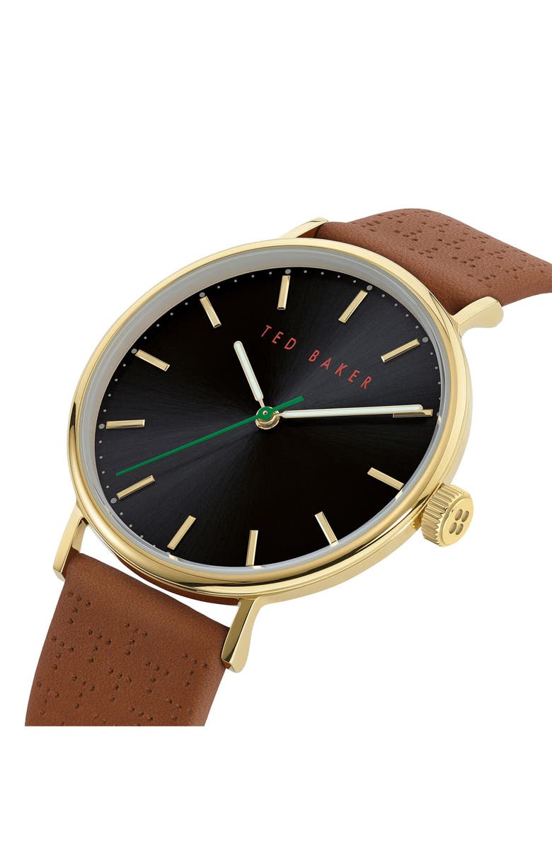 Ted Baker Three Hand Quartz Leather Strap Watch, Alternate, color, Brown