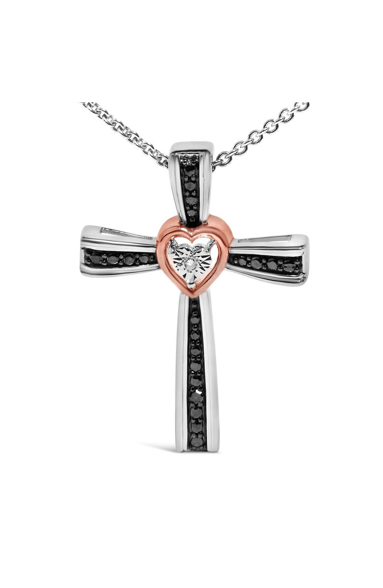 Haus of Brilliance 14K Rose Gold Plated Sterling Silver Black Rhodium Diamond Accent Heart Cross Pendant Necklace, Alternate, color, White Gold Over Silver