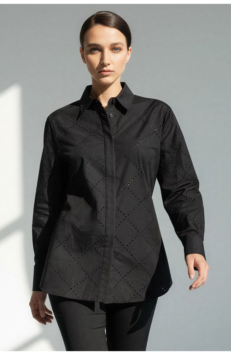 Exquise Stone Pattern Pocketless Long Sleeve Cotton Shirt, Alternate, color, Black