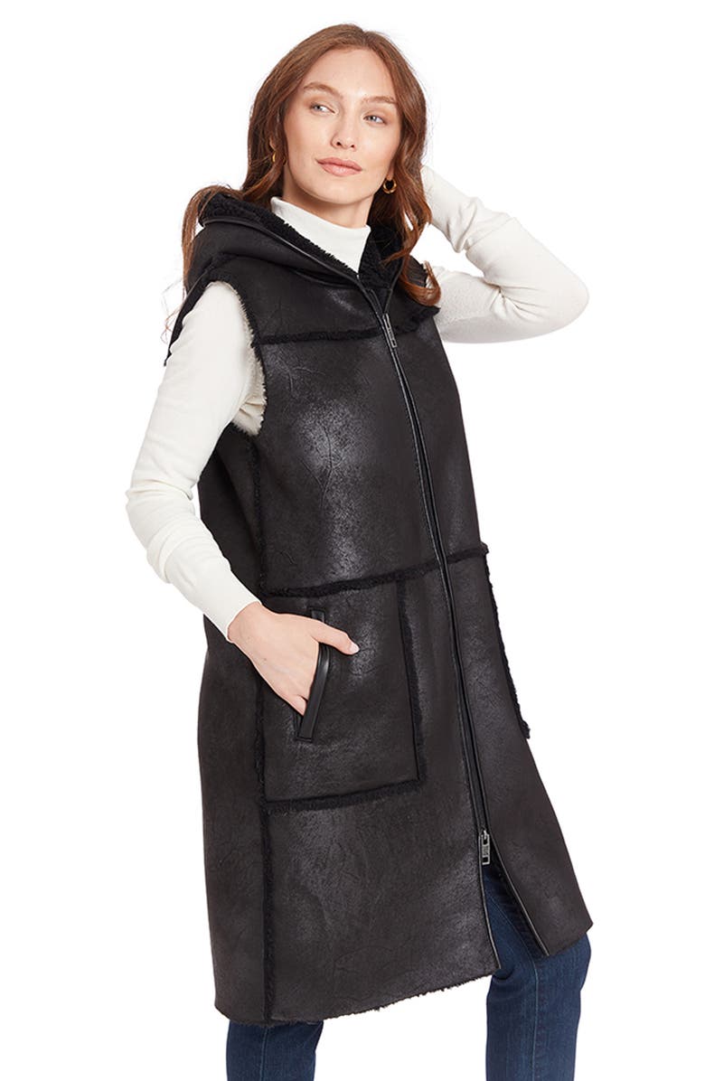 Frye Water Resistant Faux Leather & Faux Shearling Vest, Alternate, color, Black