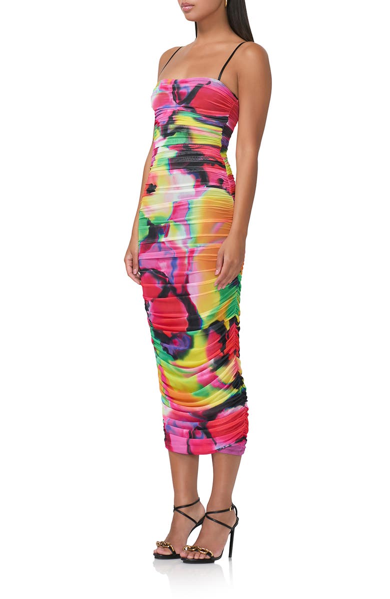 AFRM Hazel Print Ruched Mesh Midi Dress, Alternate, color, Spray Floral