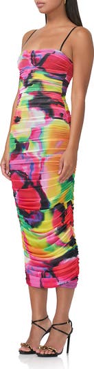 Hazel Print Ruched Mesh Midi Dress