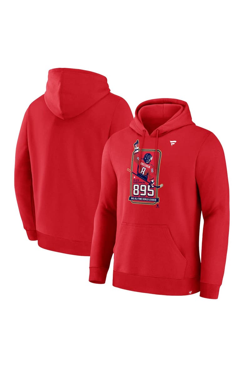 Men's Fanatics Alexander Ovechkin Athletic Red Washington Capitals NHL All-Time Leading Goal Scorer 895 Logo Pullover Hoodie, Main, color, Athletic Red