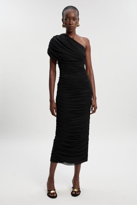 Mesh Asymmetric Neck Knit Maxi Dress