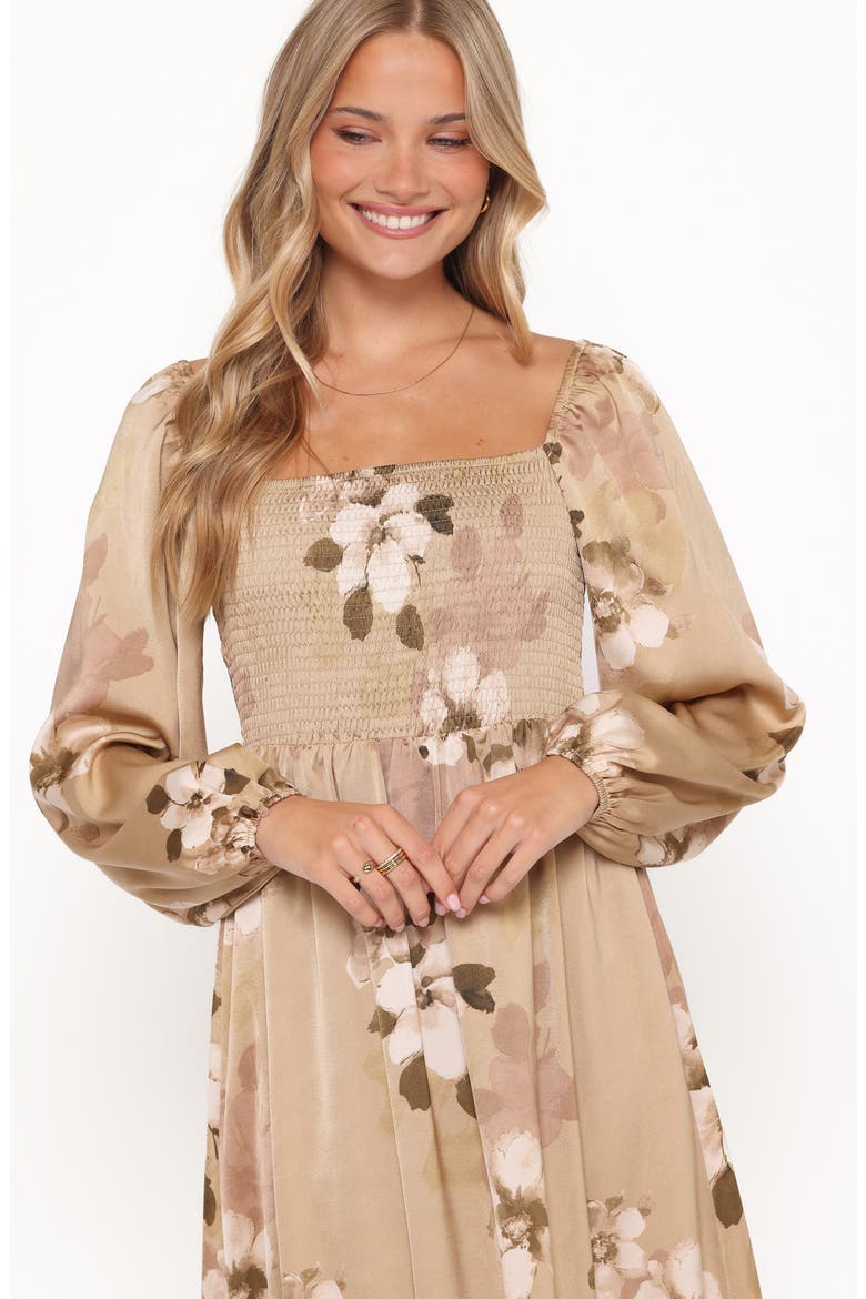 Kindra Floral Smocked Tiered Maxi Dress, Alternate, color, BROWN FLORAL