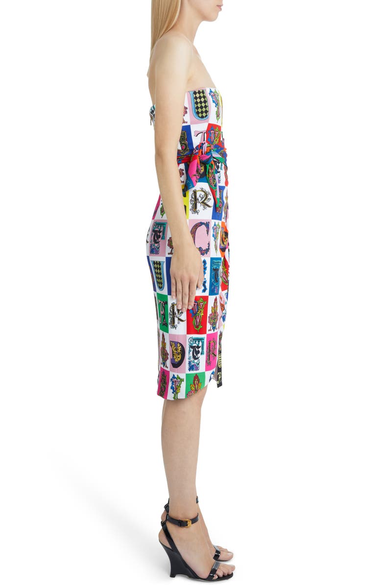 Versace First Line Alphabet Print Strapless Sheath Dress, Alternate, color, 