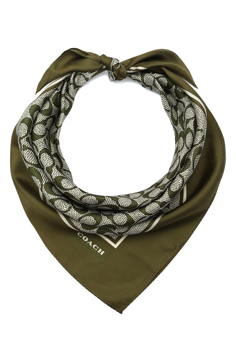 COACH Textured Signature Logo Square Silk Scarf, Alternate, color, Olive