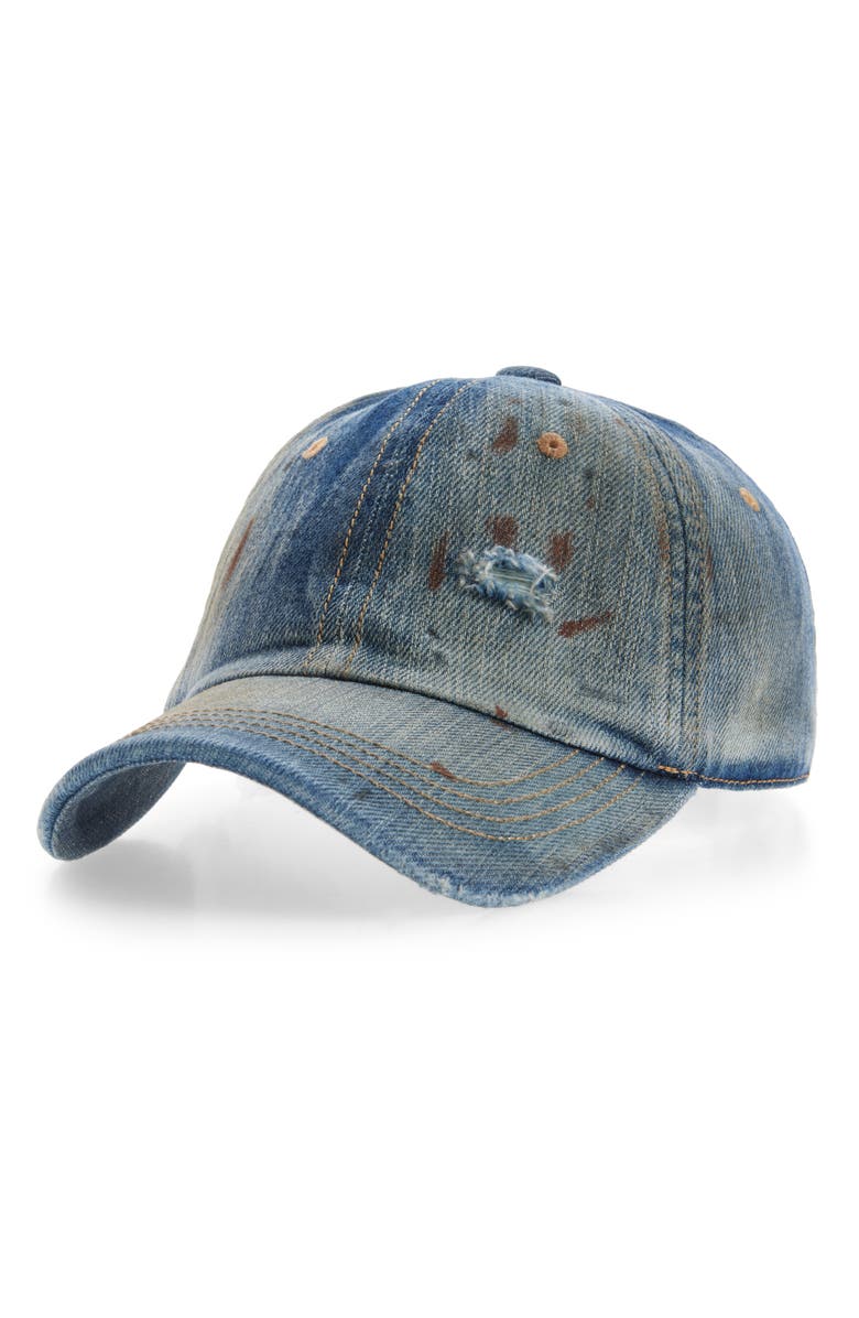 Acne Studios Carliy Trafalgar Ripped Denim Baseball Cap, Main, color, Mid Blue