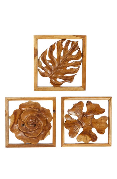 Brown Teakwood Handmade Carved Leaf & Floral Framed Wall Decor - Set of 3