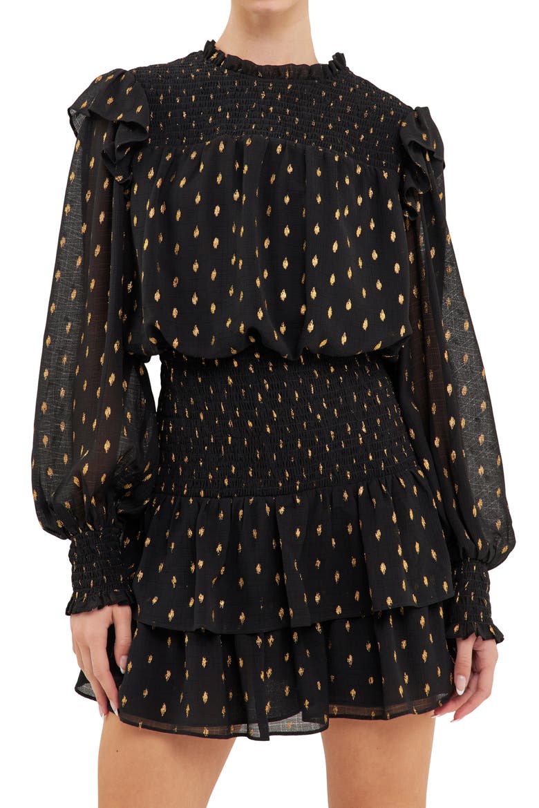 Metallic Dot Shirred Long Sleeve Chiffon Minidress, Alternate, color, BLACK