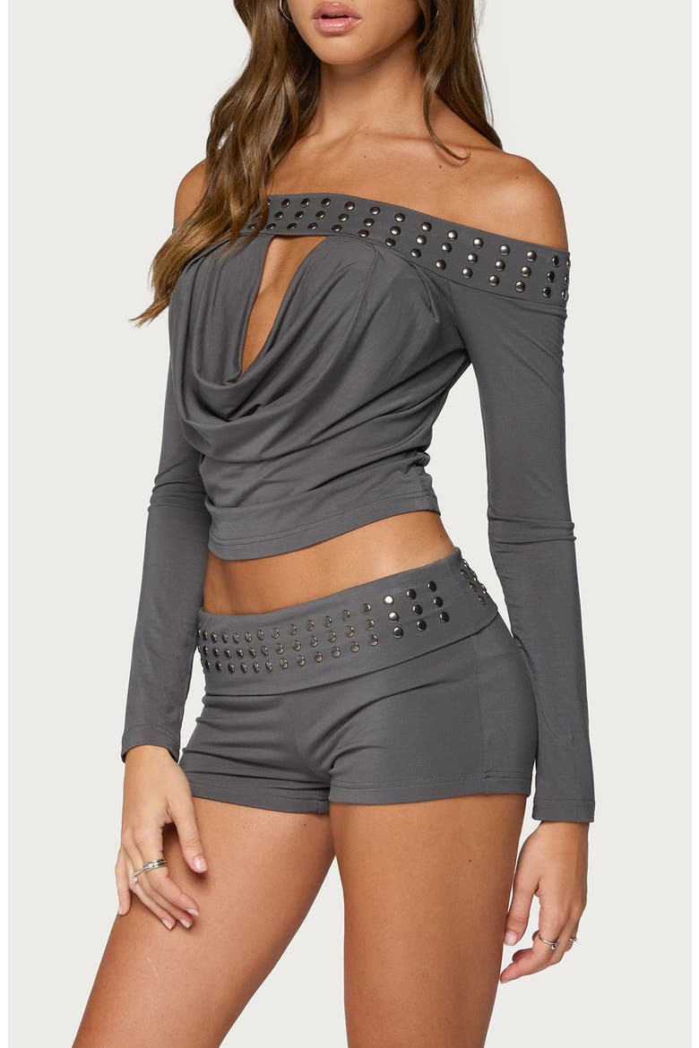 Amy Studded Off the Shoulder Cowl Neck Top, Alternate, color, DARK-GRAY
