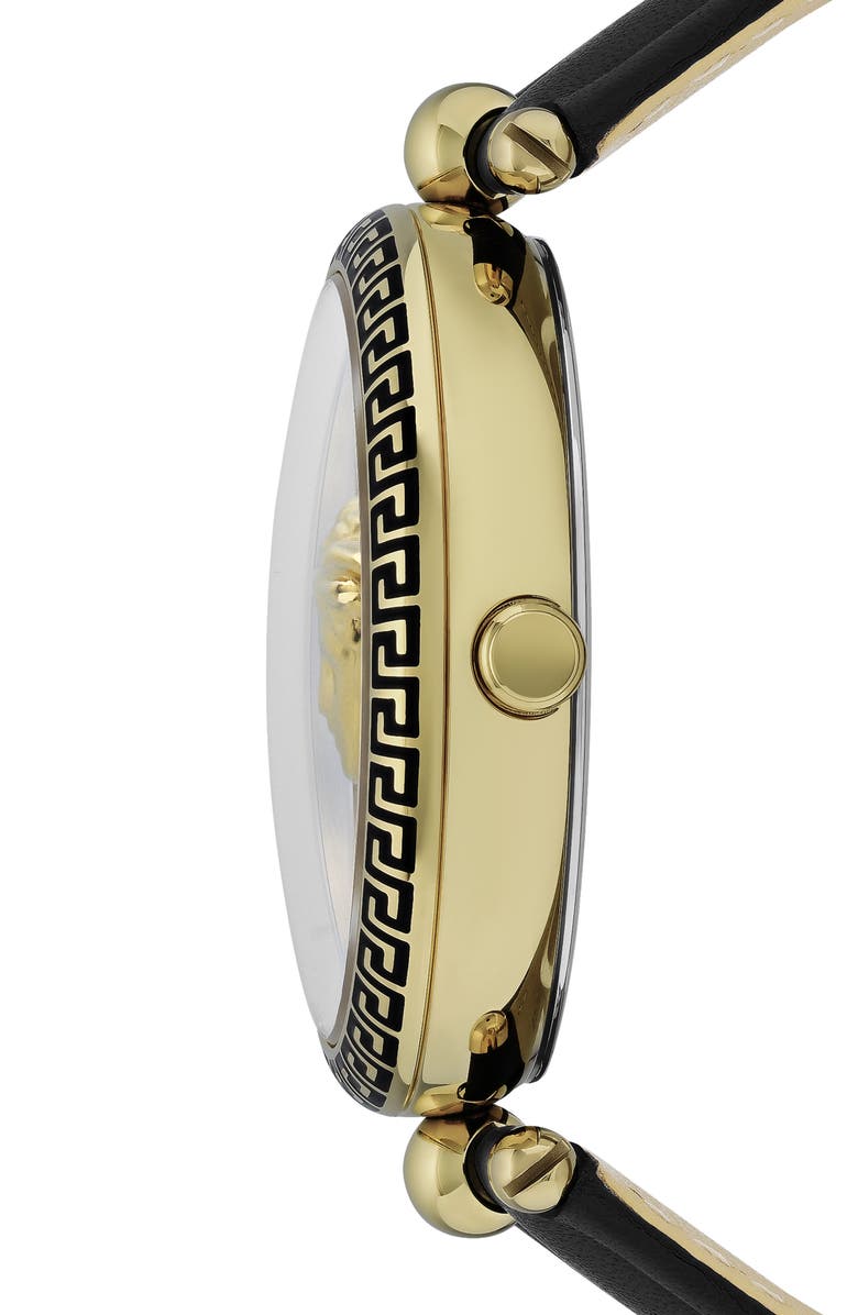 Versace Palazzo Empire Leather Strap Watch, 39mm, Alternate, color, Ip Yellow Gold