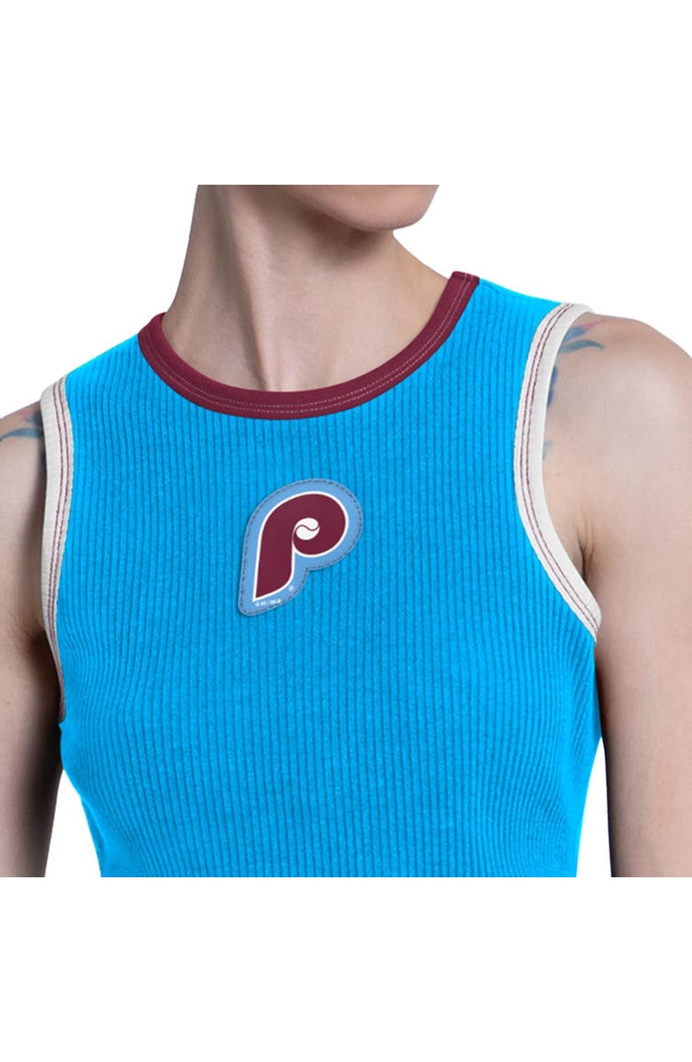 STARTER Women's Starter Light Blue Philadelphia Phillies Cooperstown Play the Ball Crop Tank Top, Alternate, color, Light Blue