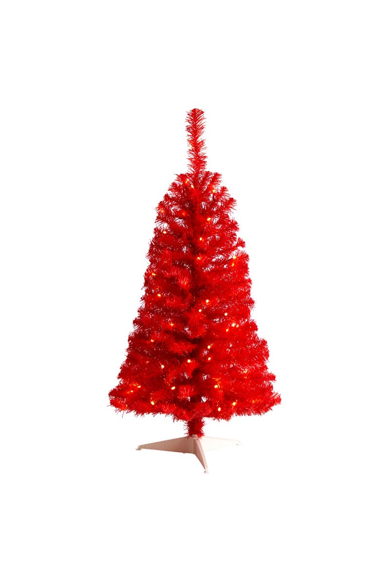 NEARLY NATURAL 3-ft Red Artificial Christmas Tree with 50 LED Lights and 118 Bendable Branches, Main, color, 