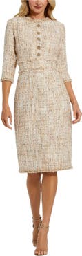 Mac Duggal High neck 3/4 Sleeve Beaded Trim Midi Dress