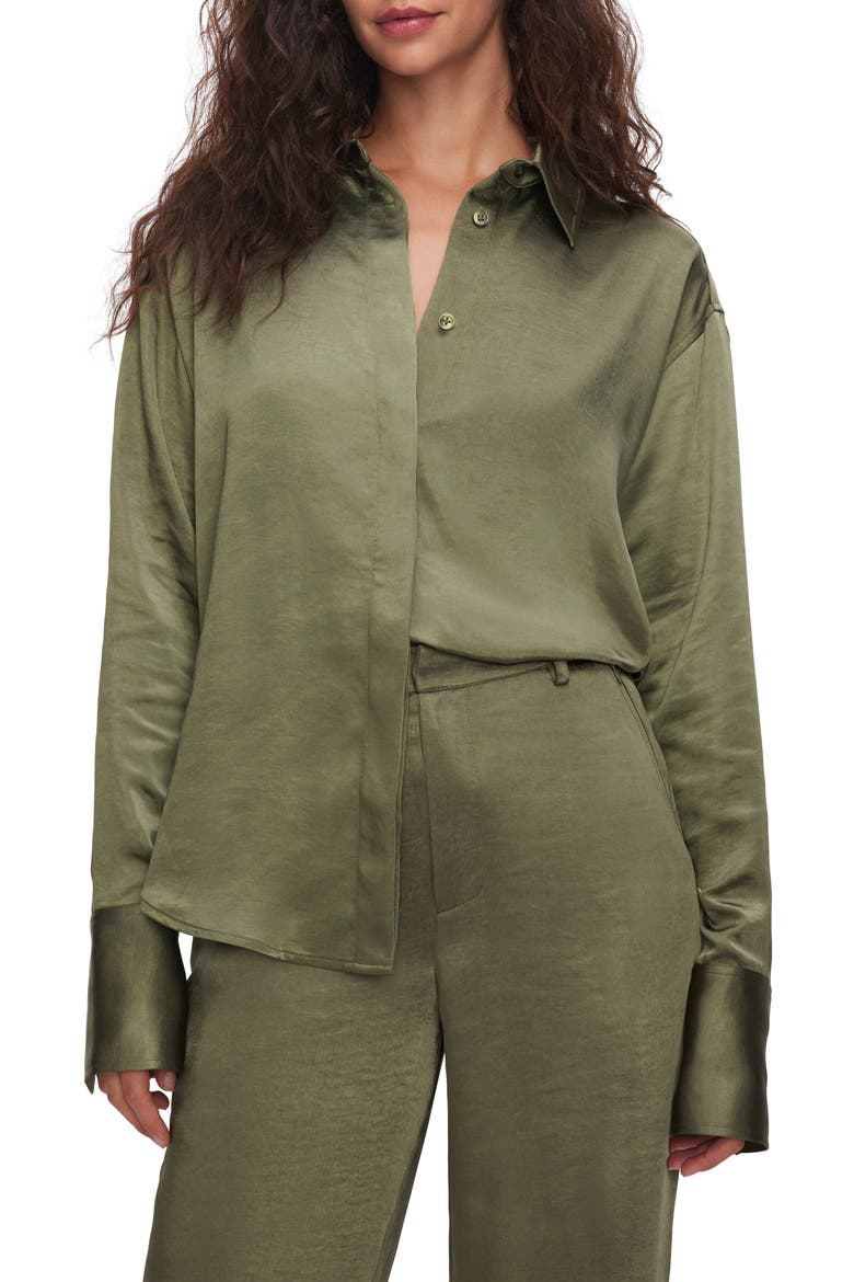 Washed Satin Button-Up Shirt, Main, color, JUNIPER GREEN001