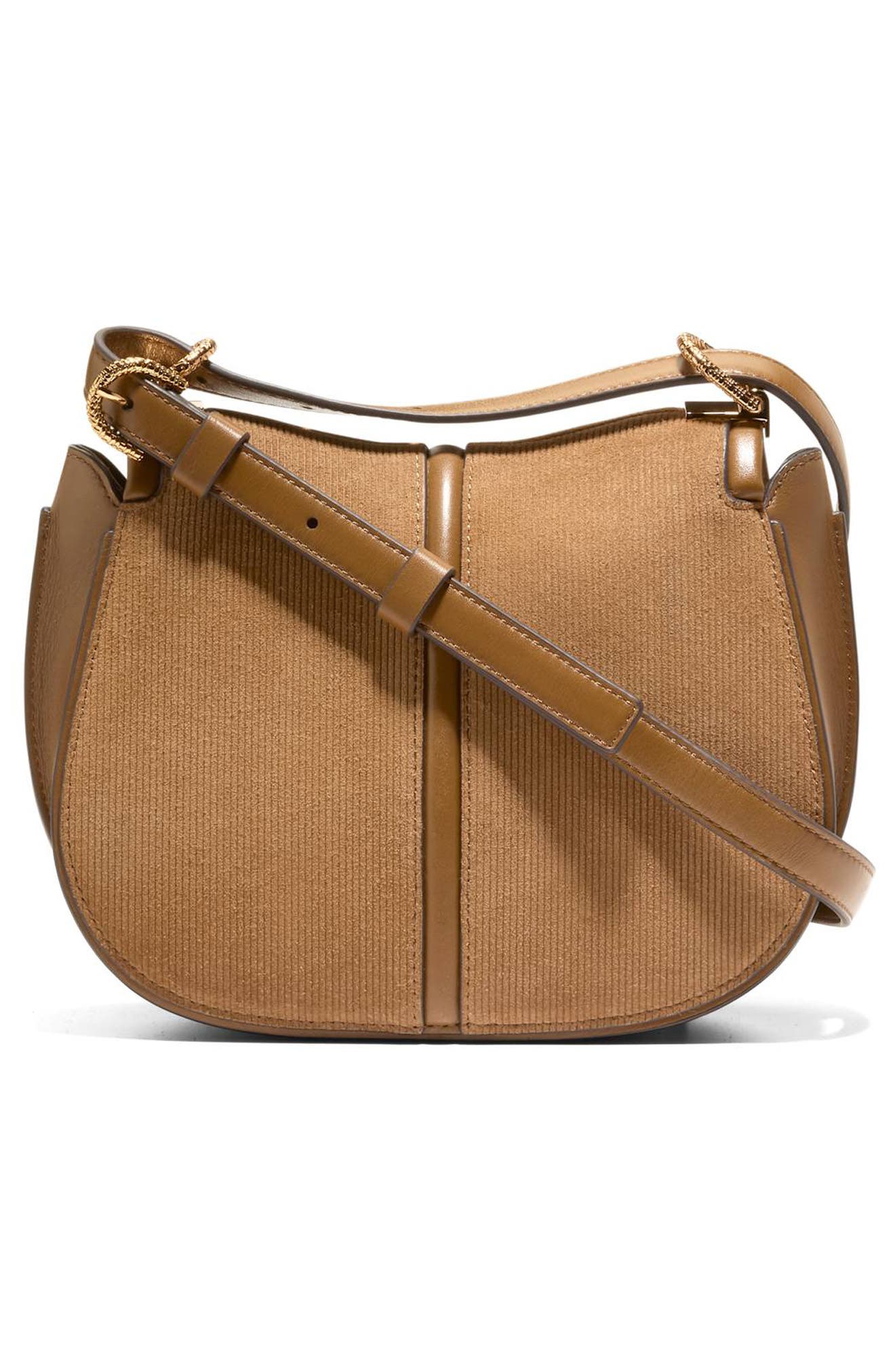 Cole Haan Celenea Saddle Bag, Alternate, color, Golden Honey Embossed Suede