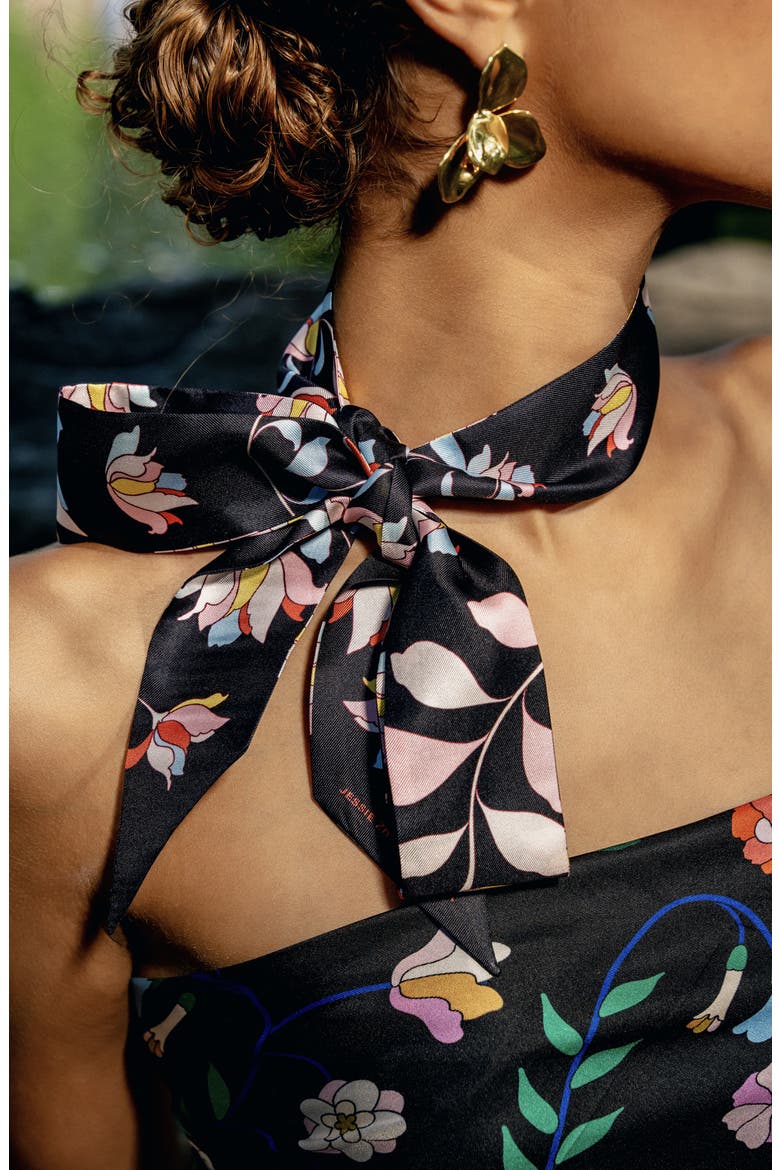 Silk Skinny Scarf Midnight Garden, Alternate, color, Black