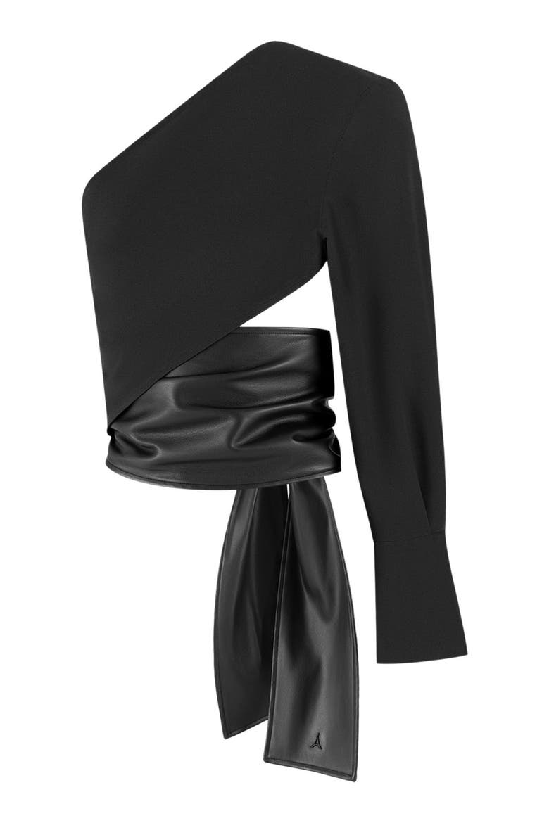 Coralie One Sleeve Leather Wrap Top, Alternate, color, Black