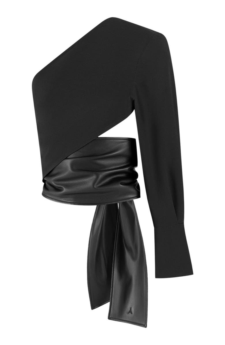 Manière De Voir Coralie One Sleeve Leather Wrap Top, Alternate, color, Black