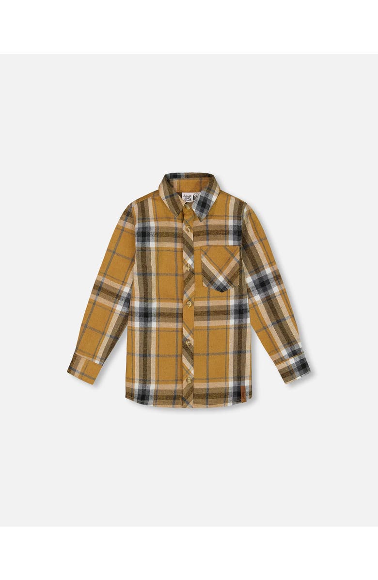 Deux par Deux Little Boy's Button Down Flannel Shirt With Pocket Plaid Golden Yellow And Gray, Main, color, 