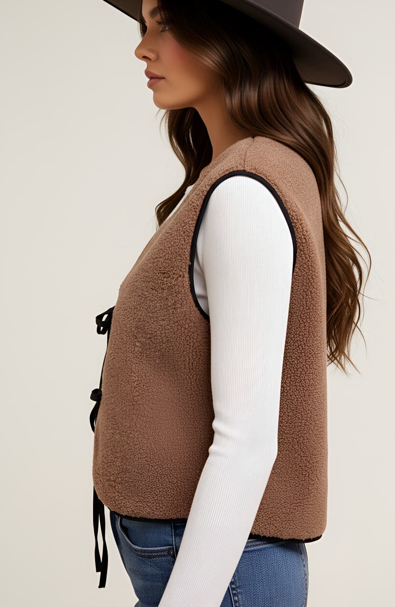 Modenaire Faux Shearling Contrast-Trim Tie-Front Vest, Alternate, color, Faux Shearling