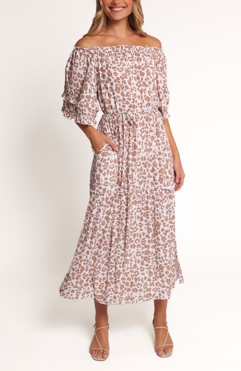 Rhody Leopard Print Off the Shoulder Maxi Dress