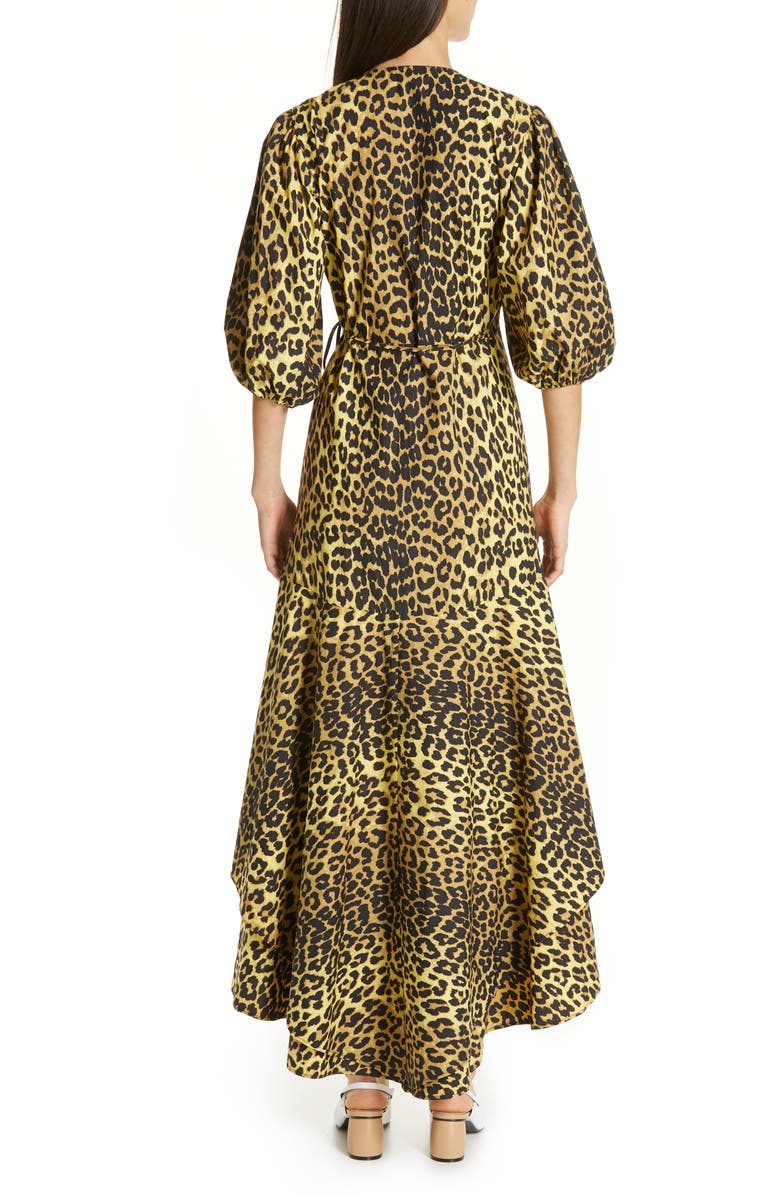 Ganni Leopard Print Cotton Wrap Dress, Alternate, color, 