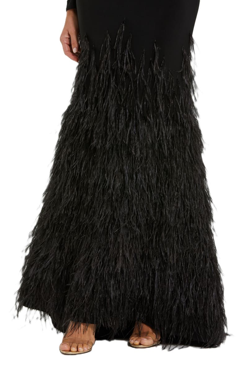 Mac Duggal Jersey Long Sleeve High Neck Feather Gown, Alternate, color, Black