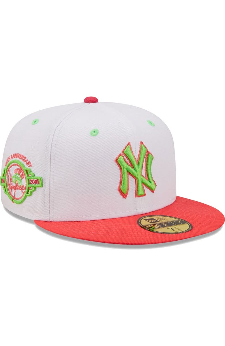 New Era Men's New Era White/Coral New York Yankees 100th Anniversary Strawberry Lolli 59FIFTY Fitted Hat, Main, color,