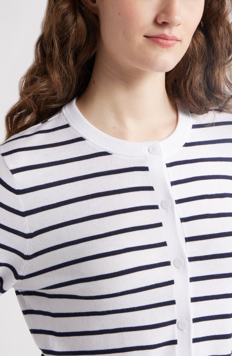 Caslon<sup>®</sup> Crewneck Cardigan, Alternate, color, White- Navy Josephine Stripe